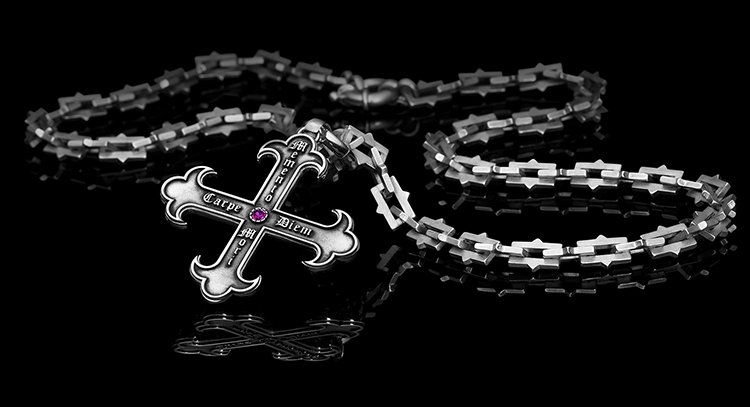 Cross pendant with chain Memento Mori, Carpe Diem