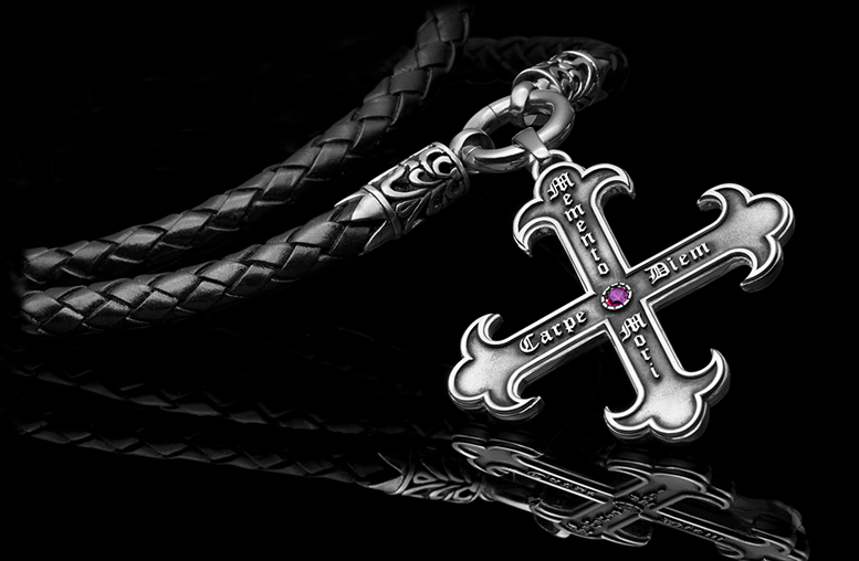 Cross pendant with leather strap Memento Mori, Carpe Diem